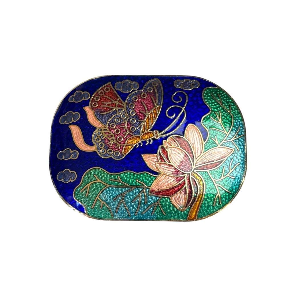 Vintage Cloisonne Scarf Clip Butterfly Lotus Floral Enamel Blue Gold